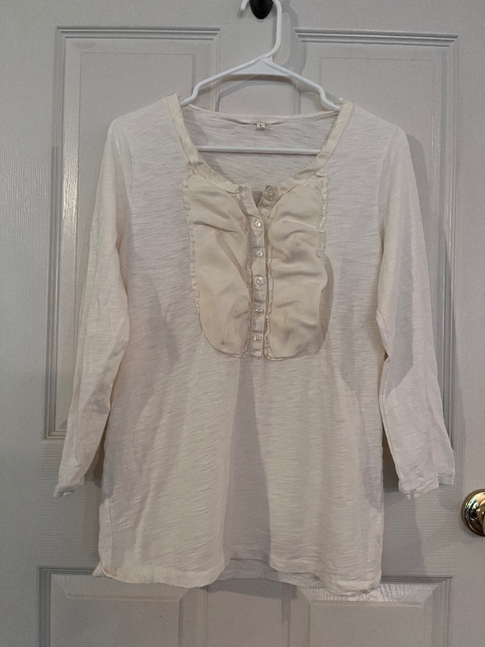 J.Crew Ivory Tuxedo Ruffle Henley Top 3/4 Sleeve Size L